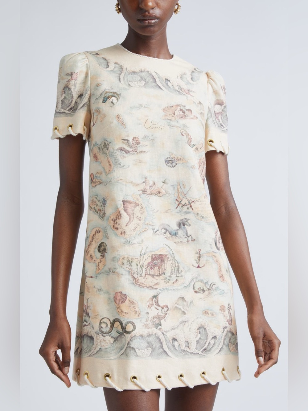 NWT $1250 Zimmermann Cream Sea-Print Puff Sleeve Mini Dress Size AU 3 US 10